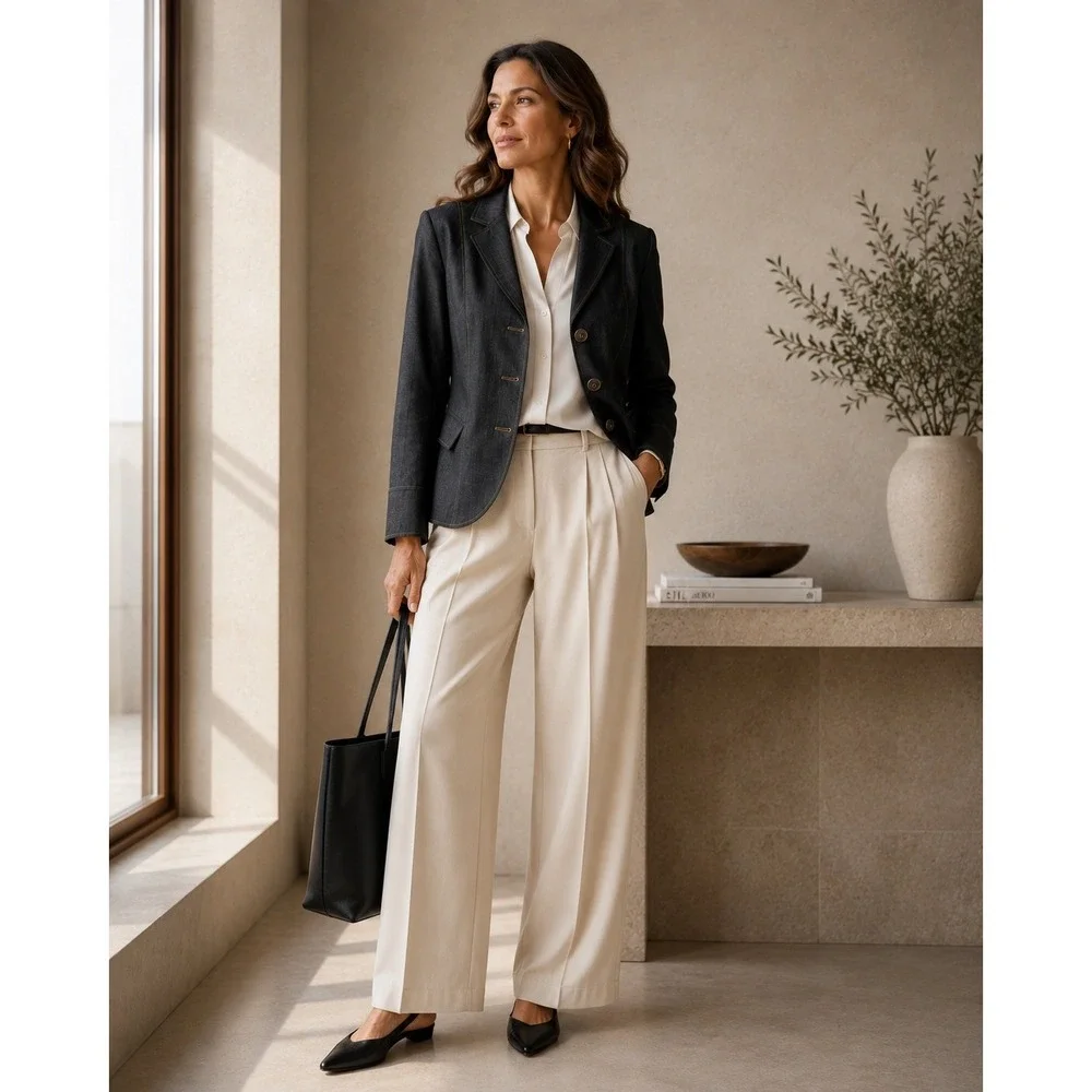 Lafayette 148 New York Blazer Women 8 Wool Contrast Stitch Charcoal Chambray